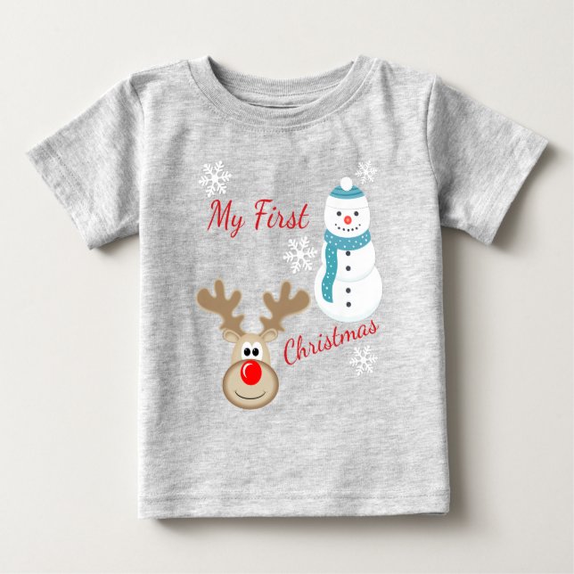 Reindeer Rudolph, Snowman Baby 1st Christmas T-Shirt (Front)