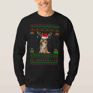 Reindeer Santa Hat Matching Ugly Shetland Sheepdog T-Shirt