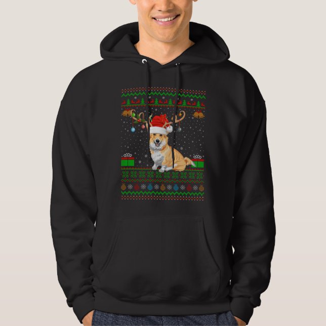 Reindeer Santa Hat Matching Ugly Welsh Corgi Chris Hoodie (Front)