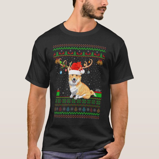 Reindeer Santa Hat Matching Ugly Welsh Corgi Chris T-Shirt (Front)