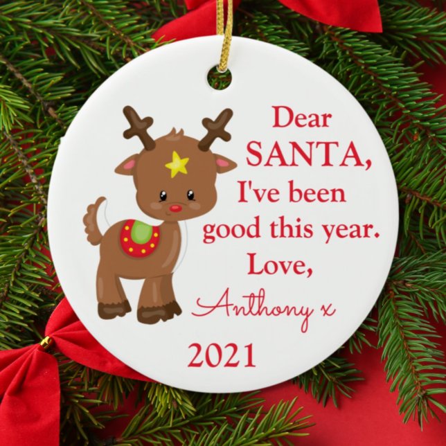 Reindeer Santa I've Been Good Photo Christmas Ceramic Tree Decoration (Creator Uploaded)