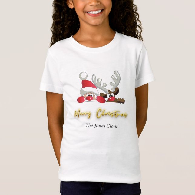Reindeer Santa Merry Christmas Custom Modern Girl T-Shirt (Front)