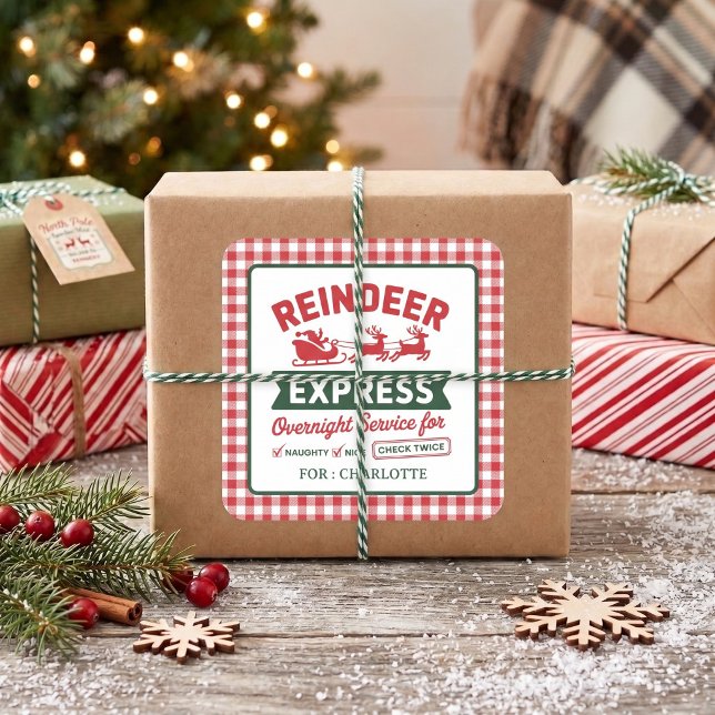 Reindeer Santa Sack ChristmasPlaid Square Sticker (Creator Uploaded)