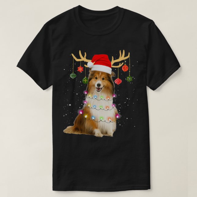 Reindeer Sheltie Dog Santa Hat Christmas Light Xma T-Shirt (Design Front)
