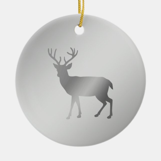 Reindeer silhouette on silver grey shades ceramic tree decoration (Front)