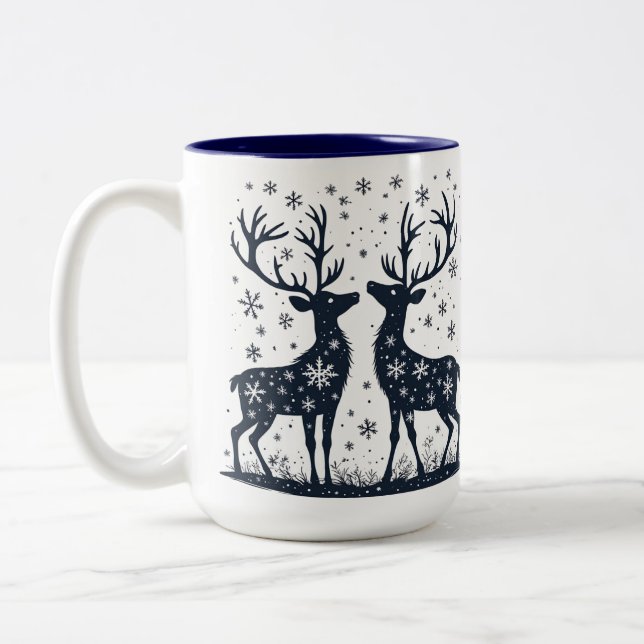 Reindeer Silhouettes Under Falling Christmas Snow Two-Tone Coffee Mug (Left)