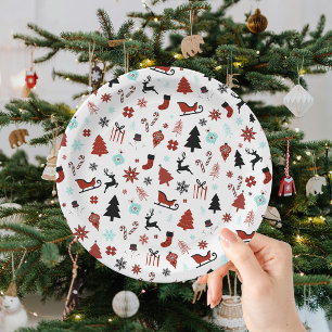Reindeer Sleigh Christmas Pine Trees Paper Plate