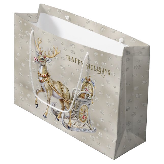 Reindeer Sleigh Holiday Gift Bag (Front Angled)