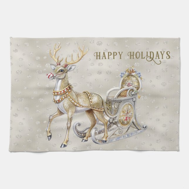 Reindeer Sleigh Holiday Kitchen Towel (Horizontal)