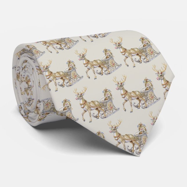 Reindeer Sleigh Holiday Neck Tie (Rolled)