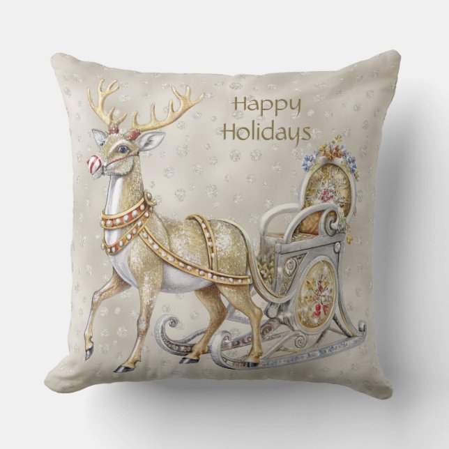 Reindeer Sleigh Holiday Throw Pillow (Front)