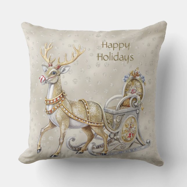 Reindeer Sleigh Holiday Throw Pillow (Front)