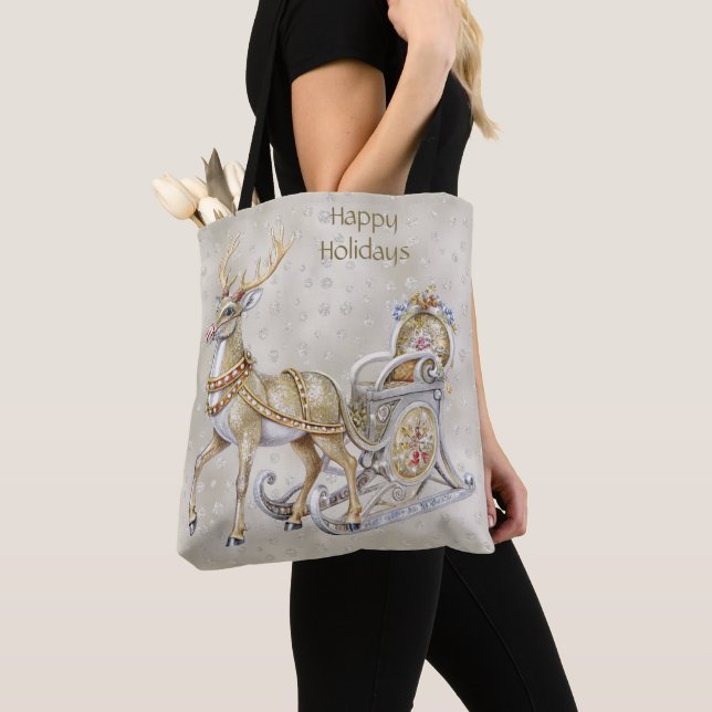 Reindeer Sleigh Holiday Tote Bag (Close Up)