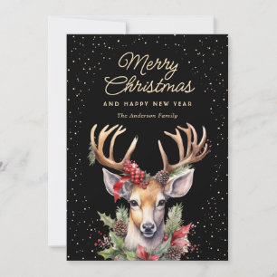 Reindeer Snow Watercolor Black Merry Christmas Holiday Card