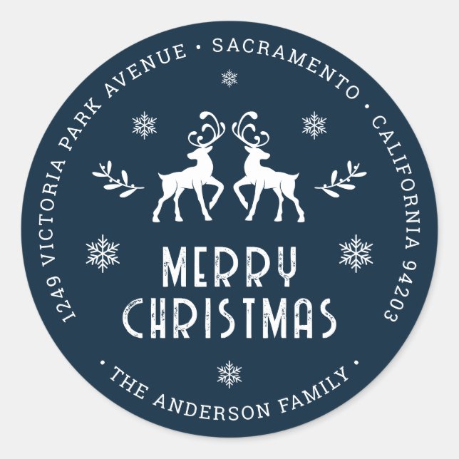 Reindeer Snowflake Blue Christmas Return Address Classic Round Sticker (Front)