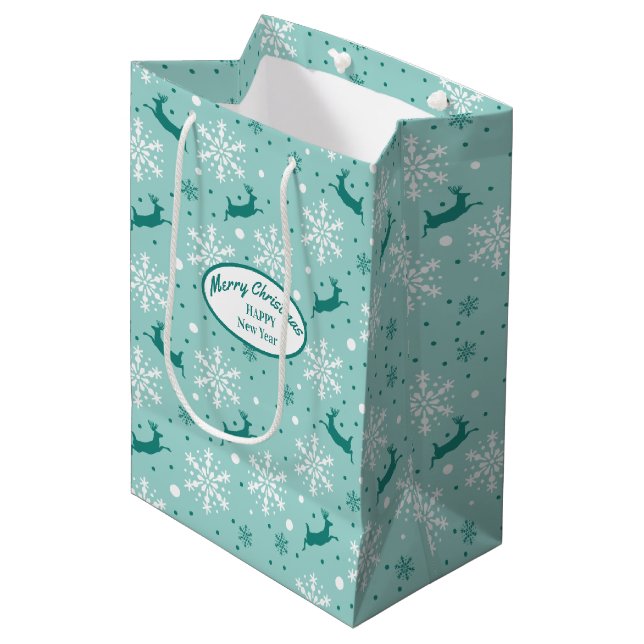 Reindeer Snowflake Teal Blue Christmas Medium Gift Medium Gift Bag (Front Angled)