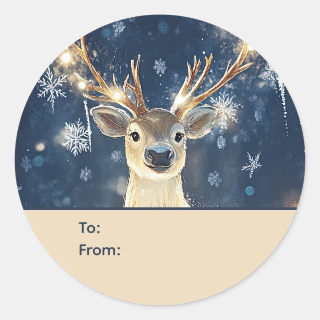 Reindeer & Snowflakes Personalized To and From Classic Round Sticker (Front)
