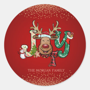 Reindeer,Snowman,Confetti Red Merry Christmas  Classic Round Sticker
