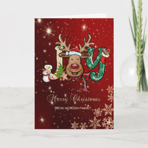 Reindeer,Snowman,Snowflakes Red Holiday Card