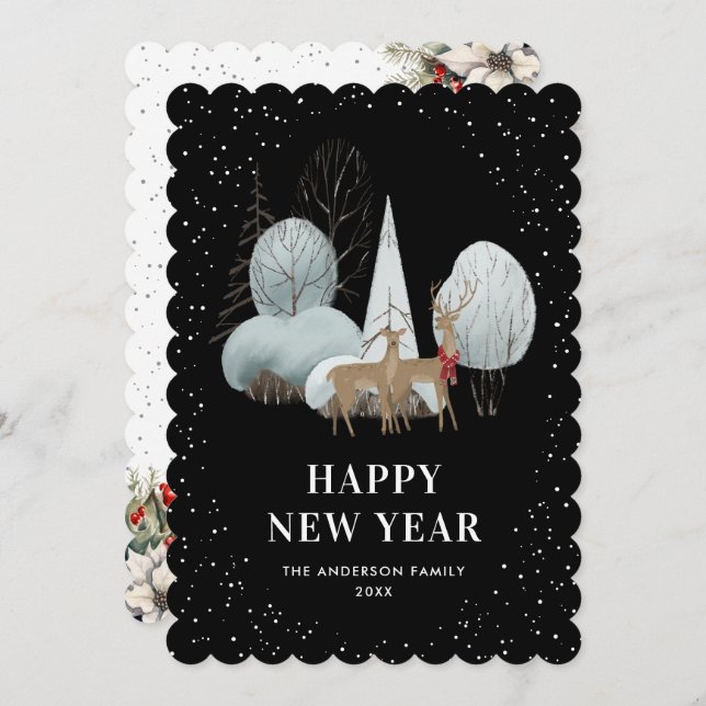 Reindeer Snowy Forest Black New Year Card (Front/Back)