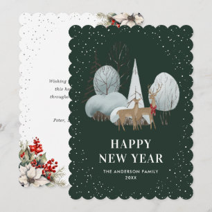 Reindeer Snowy Forest Green New Year Card