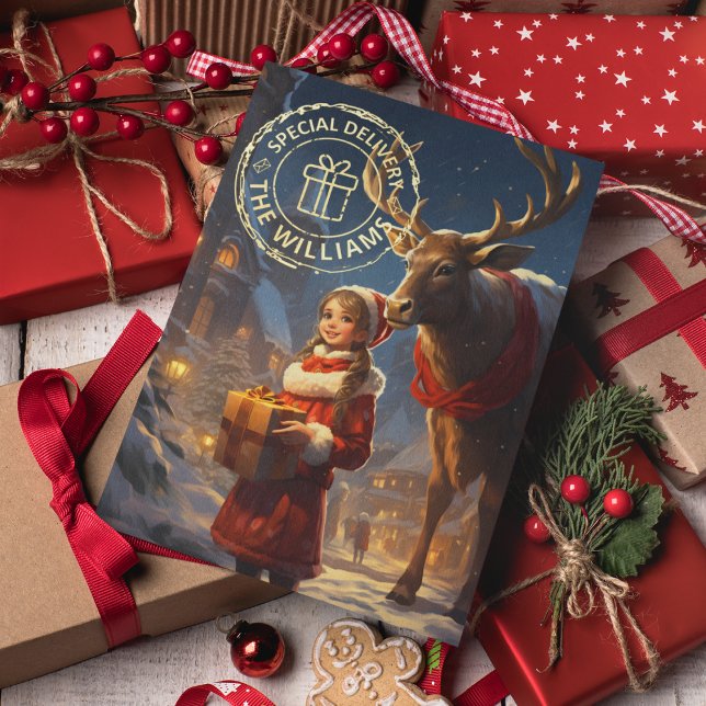 Reindeer Special Delivery Foil Christmas Card (Personalized Reindeer Special Delivery Foil Christmas Card)