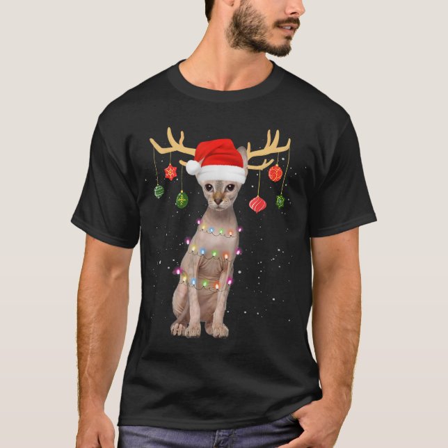 Reindeer Sphynx Cat Santa Hat Christmas Light Xmas T-Shirt (Front)