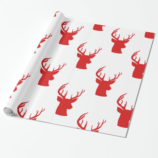 Reindeer | Stag | Antler Red Holiday Pattern Wrapping Paper (Unrolled)