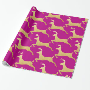 Reindeer   Stag   Gold Foil   Holiday Pink Wrapping Paper