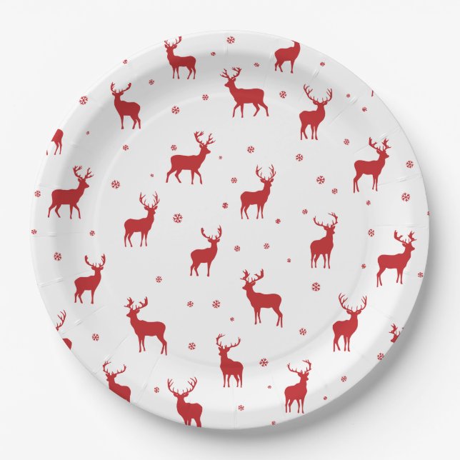 Reindeer Stag Pattern Red Holiday Paper Plate (Front)