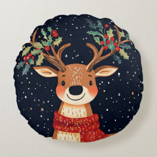 Reindeer Starry Christmas Twinkle Night Round Cushion