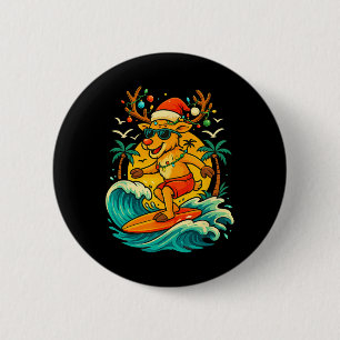 Reindeer Surfing Summer Santa Hat Funny Christmas 6 Cm Round Badge