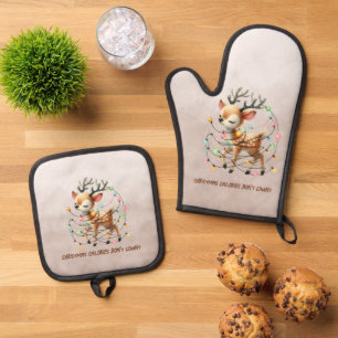 Reindeer Tangled Christmas Lights Oven Mitt & Pot Holder Set