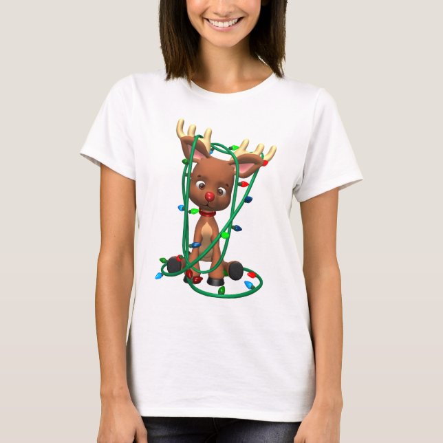 Reindeer Tangled in Christmas Lights T-Shirt (Front)