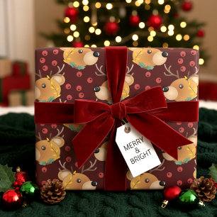 Reindeer Teddy Bear With Lights Maroon Christmas Wrapping Paper