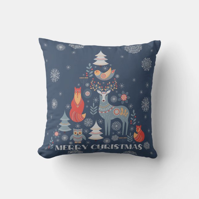 Reindeer Tree Scandinavian Animal Snowflake Blue  Cushion (Front)
