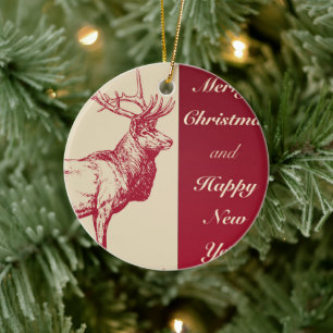 Reindeer Vintage Illustration Ceramic Tree Decoration