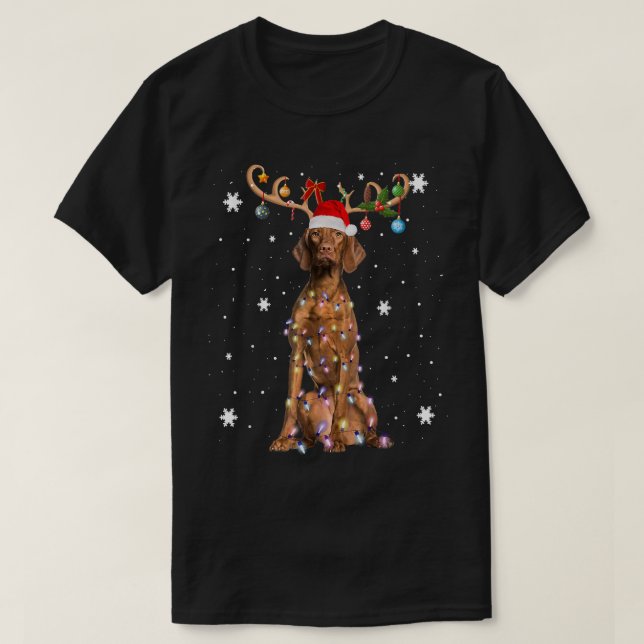 Reindeer Vizsla Dog Santa Hat Christmas Light Xmas T-Shirt (Design Front)
