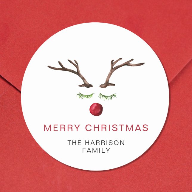 Reindeer Watercolor Merry Christmas Classic Round Sticker (Creator Uploaded)