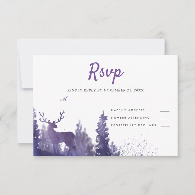 Reindeer Watercolor Purple Winter Wedding RSVP Card (Front)