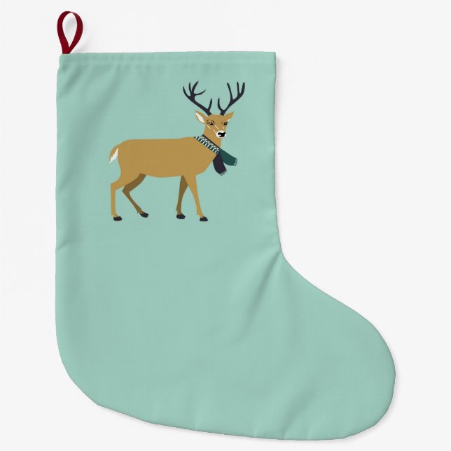 Reindeer Wearing a Winter Scarf (Christmas Animal) Large Christmas Stocking (Front)