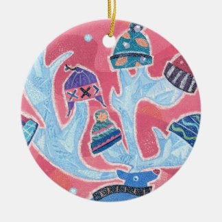 Reindeer wearing many Hats in Winter Christmas Ceramic Tree Decoration