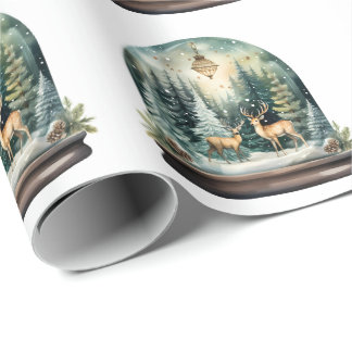 Reindeer Winter Forest Watercolor Snow Globe Wrapping Paper