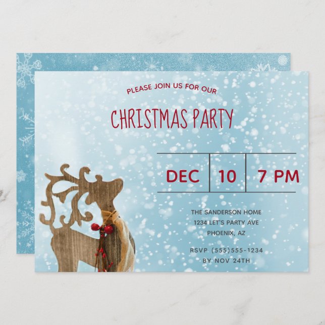Reindeer  Winter wonderland Blue  Christmas Party Invitation (Front/Back)