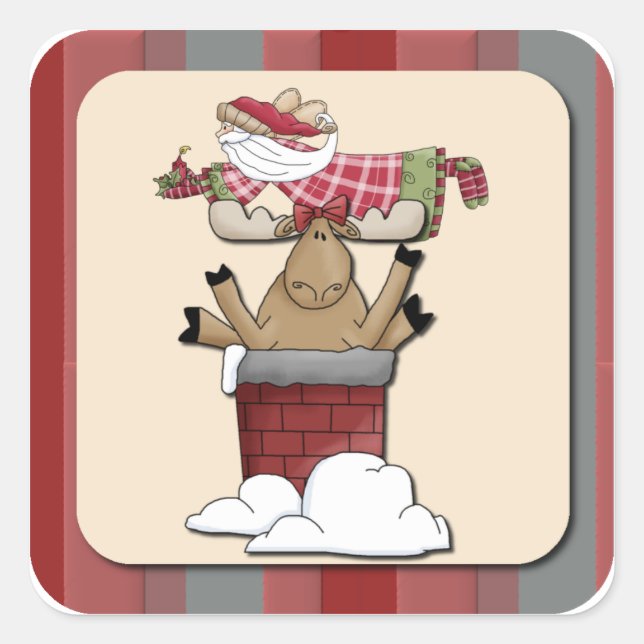 Reindeer with Antlers Stuck in the Chimney Square Sticker (Front)