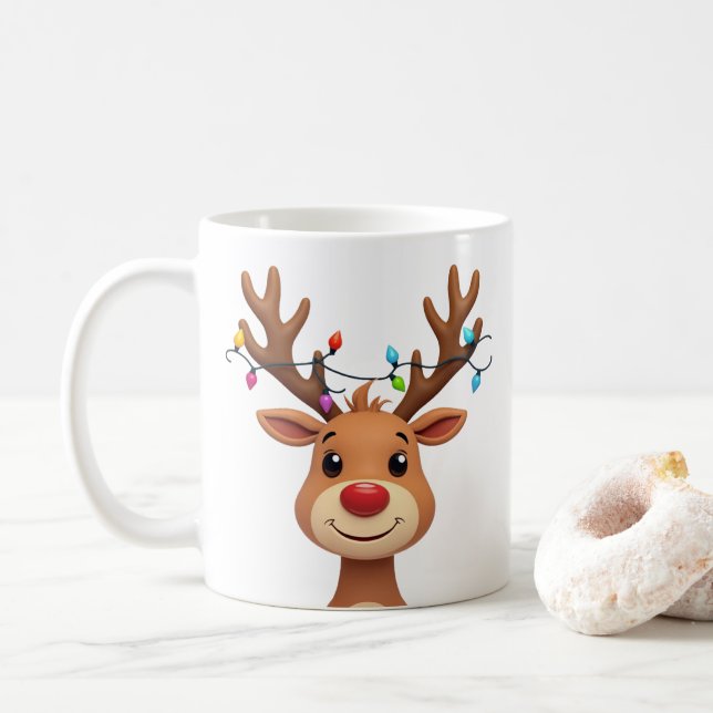 Reindeer with Christmas Lights Coffee Mug (With Donut)