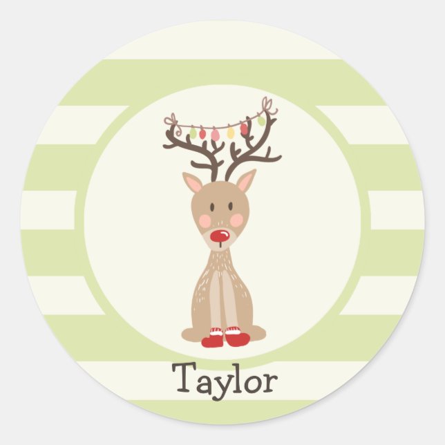 Reindeer with Christmas Lights; Light Green Classic Round Sticker (Front)