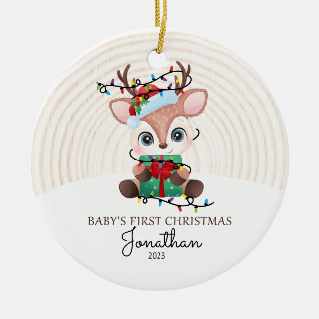 Reindeer with Lights Baby First Christmas Ceramic Tree Decoration (Front)