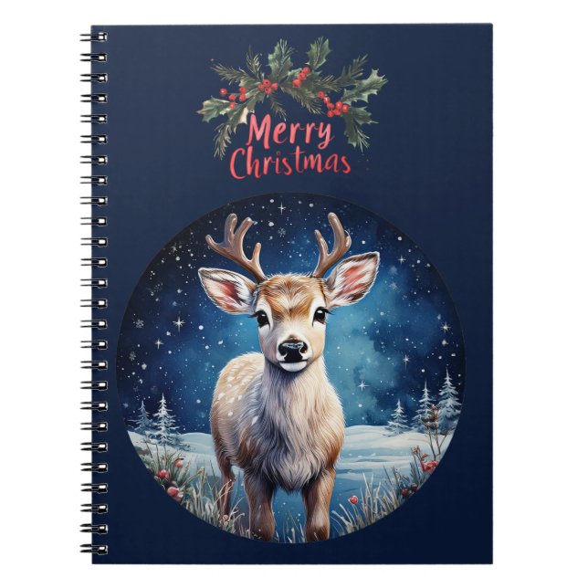 Reindeer with Merry Christmas wreath greeting Notebook (Front)