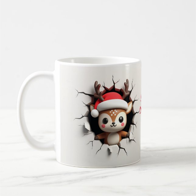 Reindeer with Santa Hat 3D Breakout  Coffee Mug (Left)
